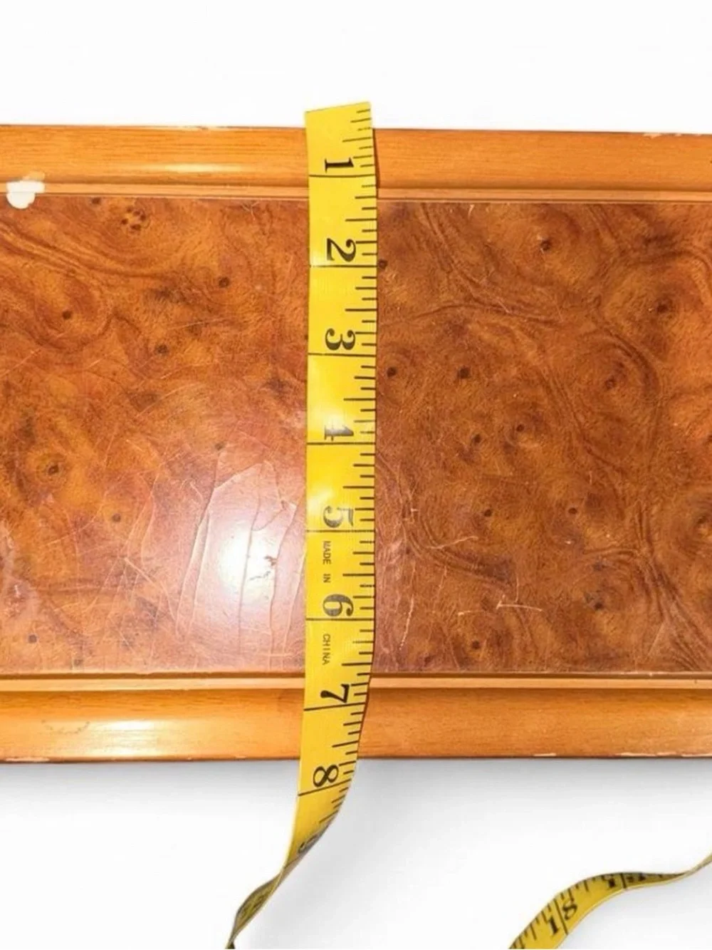 Wood Jewelry Box Burl Finish Mirrored Lid Green Velvet Removable Tray 12x7x4